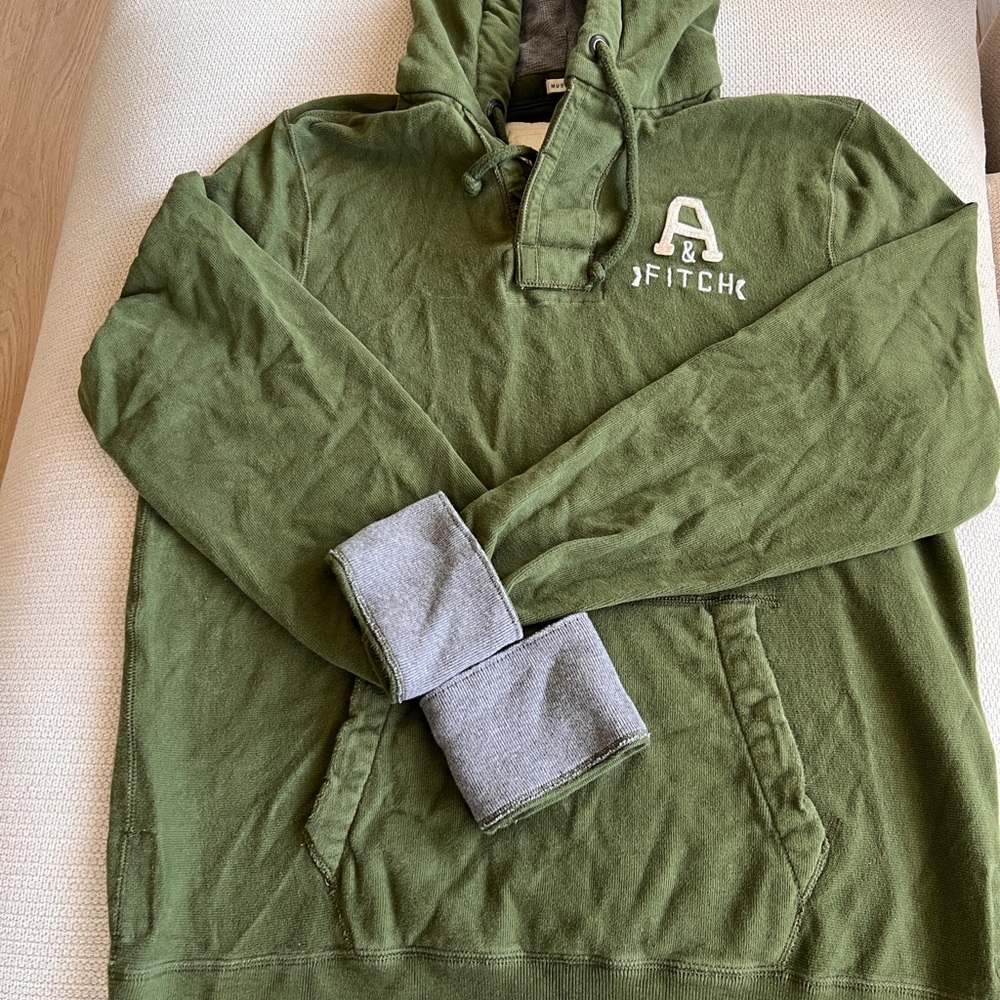 Abercrombie & Fitch Olive Green Crewneck Hoodie with Gray Cuffs